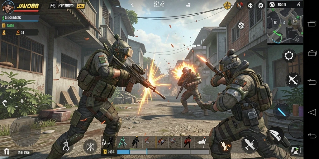 Tampilan mendebarkan dari gameplay JAVO88 dalam aksi penuh tembakan.
