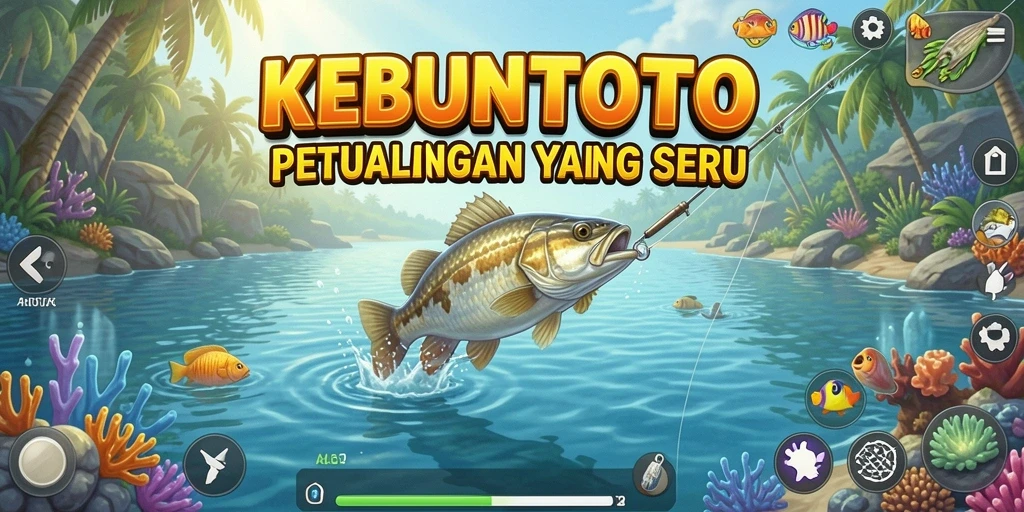 Screenshot menampilkan gameplay KEBUNTOTO dengan pengguna memancing di danau.