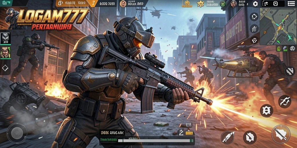 Tangkapan layar utama LOGAM777 menunjukkan aksi gameplay FPS yang menegangkan.
