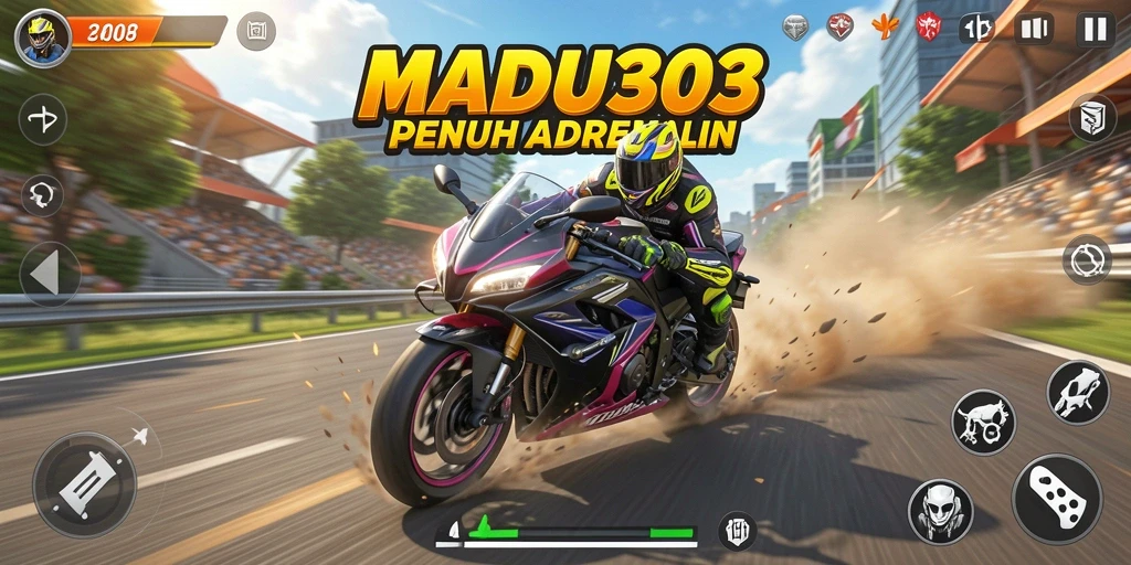 Tampilan gameplay mendebarkan dari MADU303 dalam balapan motor.