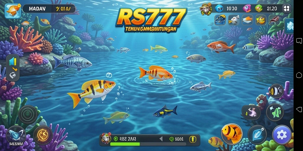 Tampilan gameplay seru RS777 dengan berbagai ikan dan senjata.